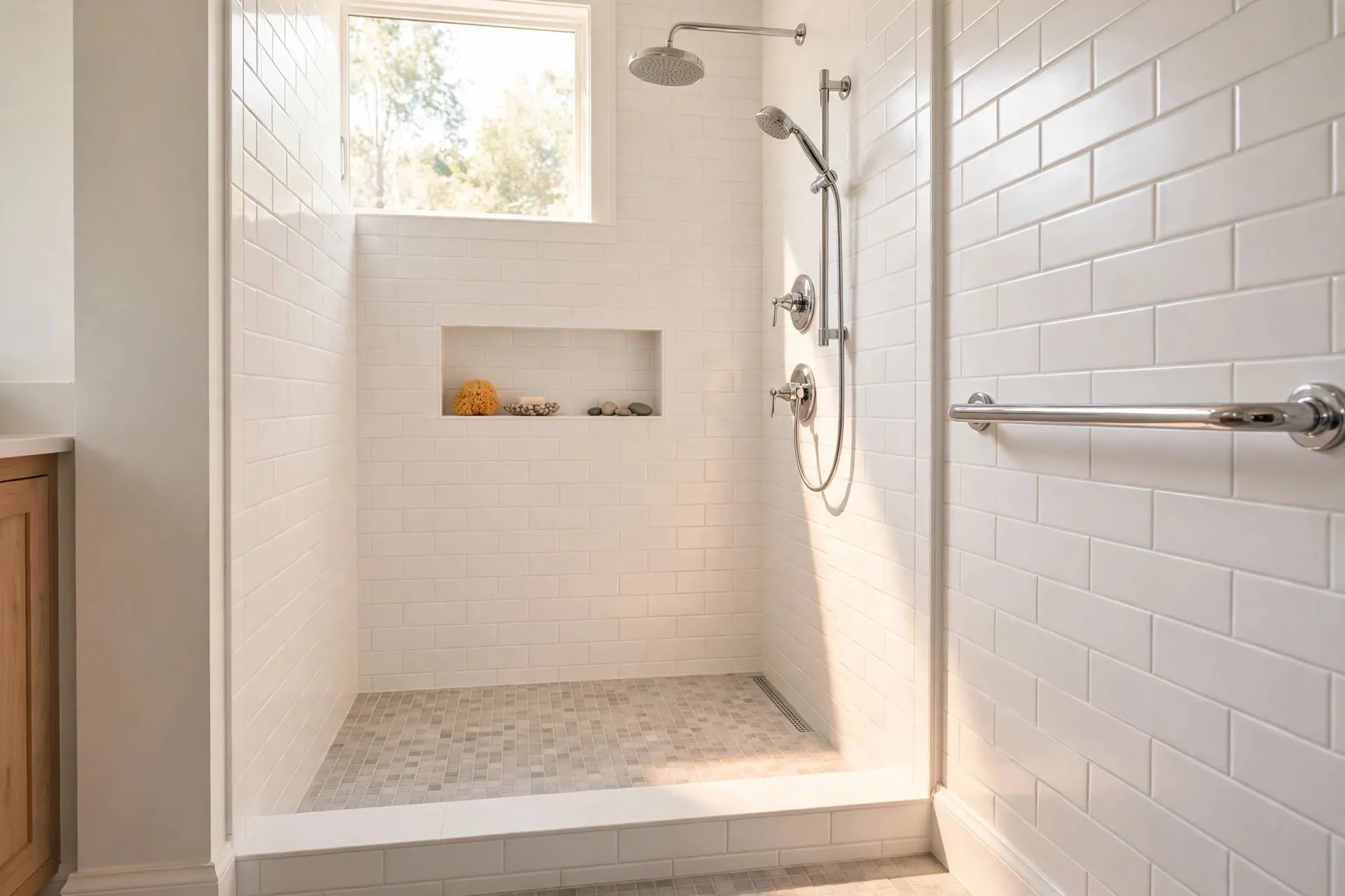 A converted tub footprint, now a low-threshold shower