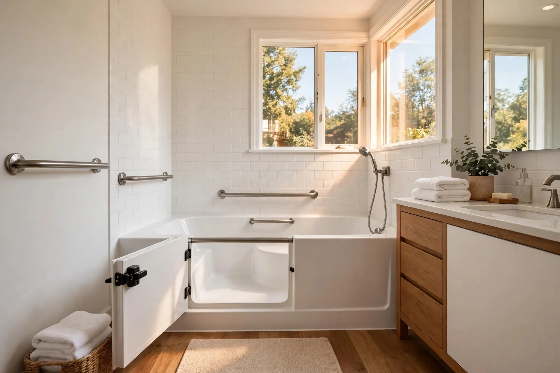 Accessible bathing: low entry, seat and grab bars